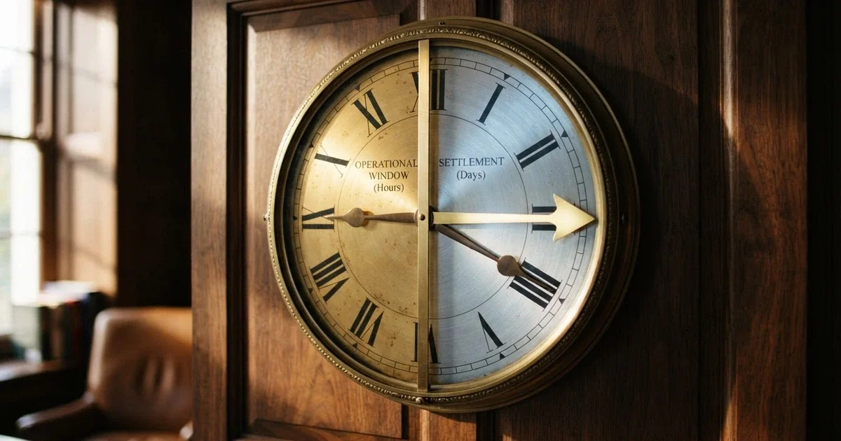 Une horloge dont le cadran est divisé en deux zones : d'un côté le traitement opérateur (heures), de l'autre le règlement bancaire (jours). Une flèche traverse les deux zones.
