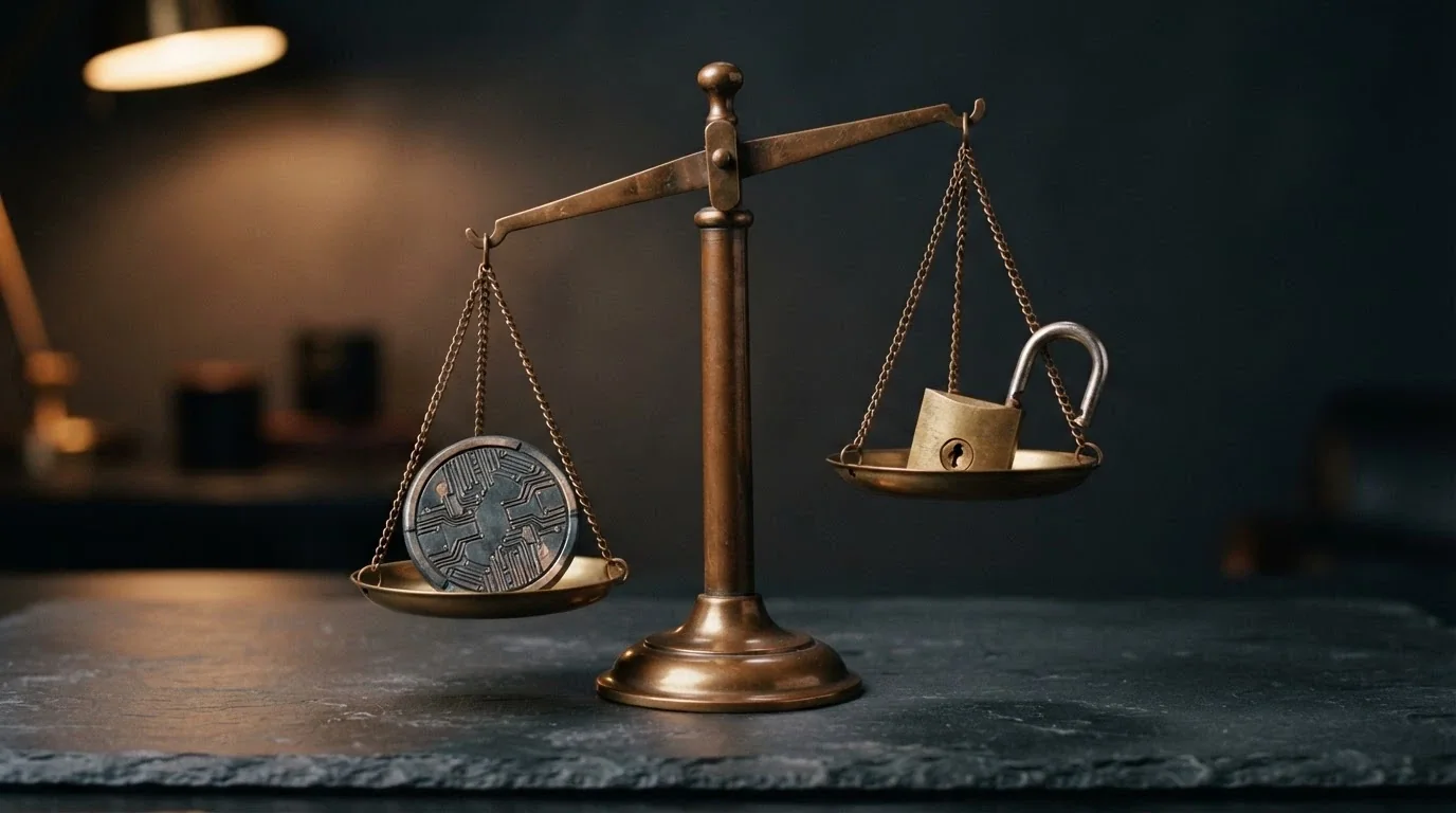 Une pièce de Bitcoin posée sur un plateau de balance dont l'autre plateau porte un cadenas ouvert — la vitesse d'un côté, l'absence de protection de l'autre.